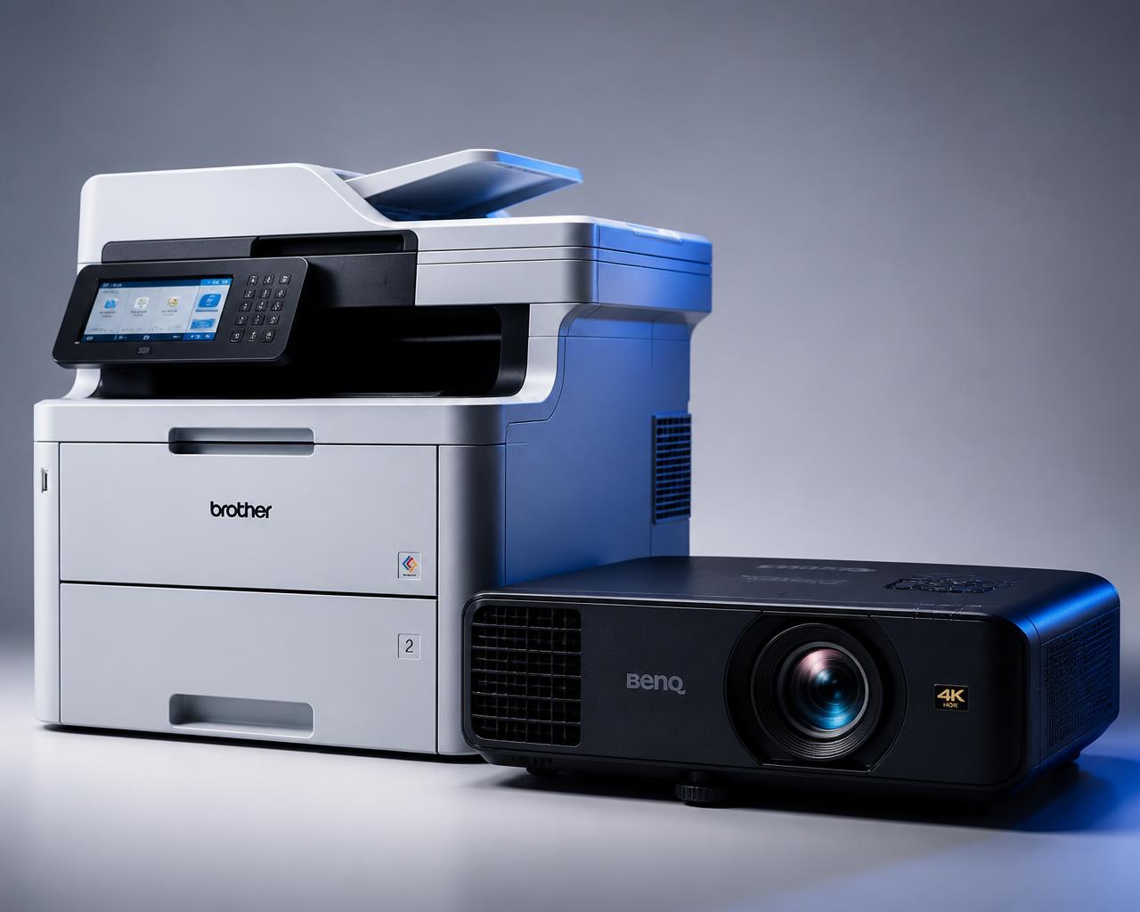 Business multifunction laser printer alongside a 4K business projector